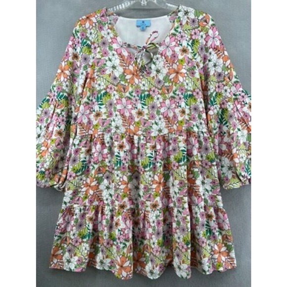 NWT‎ Cece Dress Womens Size L Multicolor Floral Bell Sleeve Tiered Mini - Picture 1 of 15